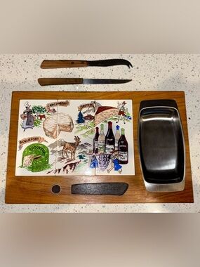 JAPANESE Wood Vintage 70s Mid-Century Tiles French Cheese Board Tray w/Knives
